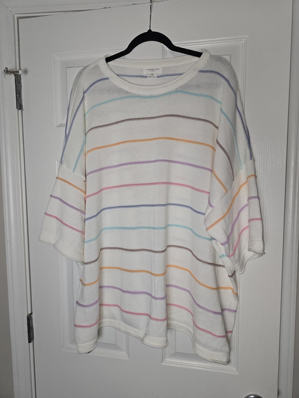 White Knit Short Sleeve Oversized Top with Pastel Rainbow Stripes Size 1x
